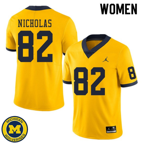 Womens University of Michigan #82 Desmond Nicholas Yellow Replica Jersey